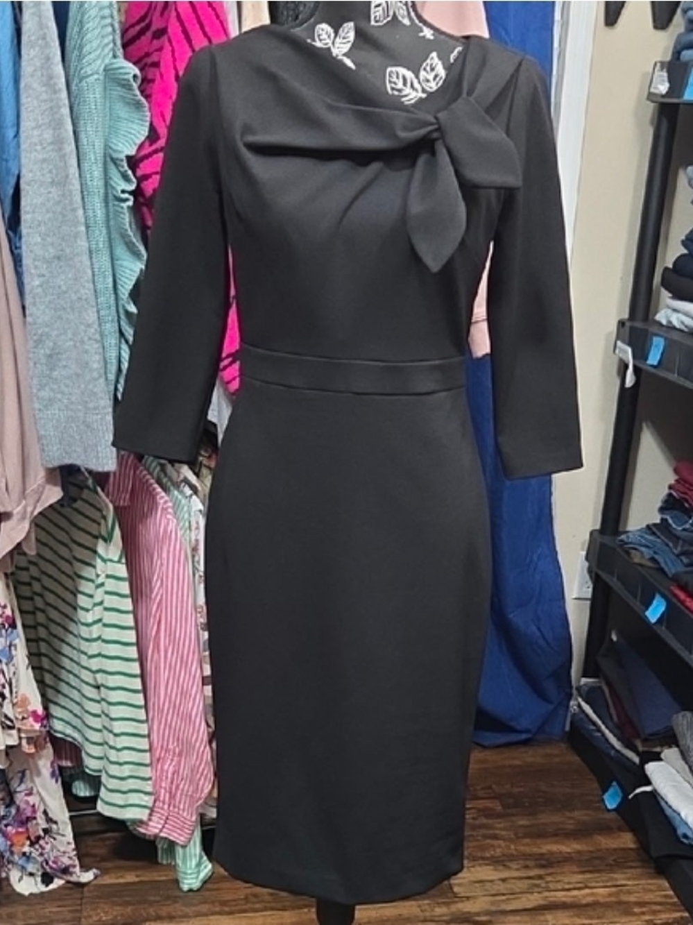 Calvin Klein Black Long Sleeve Midi Dress with Neck Bow